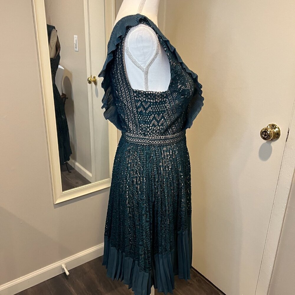 French Connection Teal Orabelle Lace Fit & Flare Ruffle Midi Dress, Size 6 - Picture 10 of 16